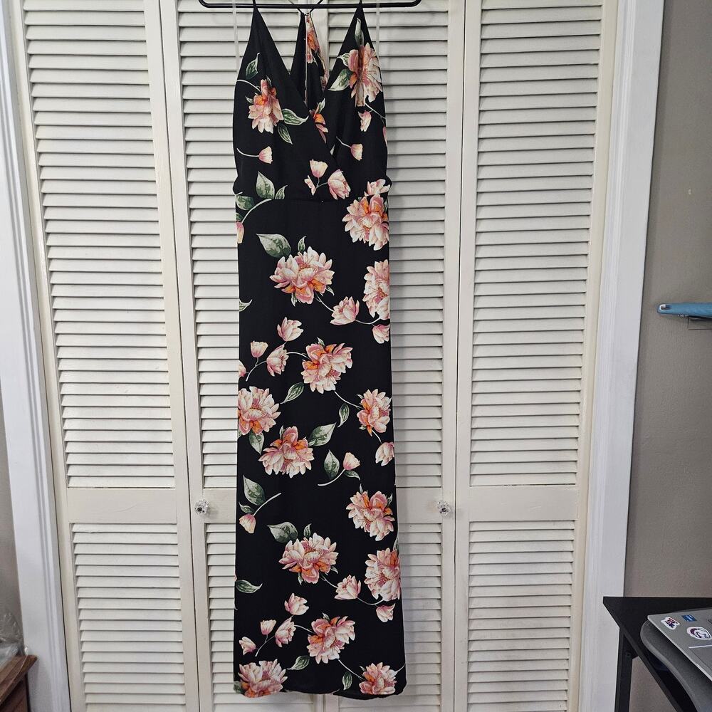 LUSH Black Floral Maxi Dress Large V-Neck Strappy Back Wedding Guest Resort Sexy